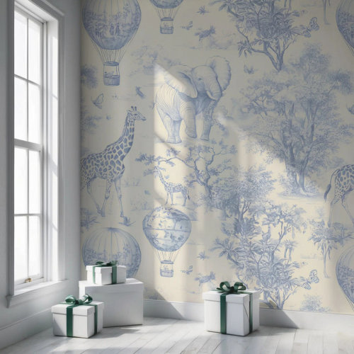 WallpaperMarkt Blue Toile Safari Animals Wallpaper | Nursery Peel and Stick Wall Mural | Kids Removable Wall Décor | Wayfair