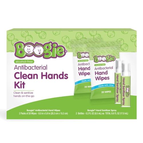 Boogie Hand Sanitizing Kit, Antibacterial Hand Wipes and Spray, Alcohol Free, Hypoallergenic and Moisturizing Aloe, 20 Count Wipes (Pack of 2) and 0.3 Ounce Spray (Pack of 2)