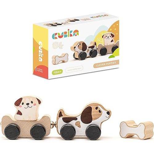 Cubika Wooden Clever Puppies Train Toy – Magnetic Dog-Themed Wood Toy Playset for Toddlers 18 Months+ – Montessori Toy for Fine Motor Skills and Imaginative Play