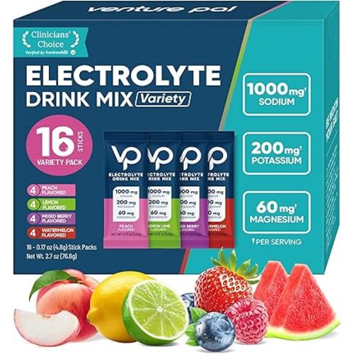Venture Pal High Sodium Sugar-Free Electrolyte Powder Packets - Hydration Packets with Sodium, Potassium & Magnesium | Zero Calories | Vegan, Keto, and Paleo Friendly | 16 Sticks