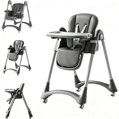 Baby High Chair, Foldable & Reclining High Chair with 4 Height Adjustments, Double Tray, PU Leather Seat Cushion, Lockable Universal Wheels, Adjustable Feeding Chair for Infant & Toddler