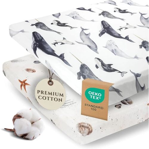 Pobi Baby Pack N Play Sheets for Boys, 2-Pack, Cotton Blend (Seaside)