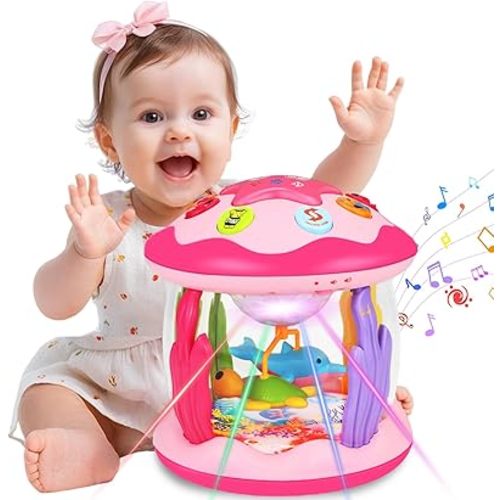 Avesa Baby Toys 6-12 Months Girl Gifts: Babies Ocean Rotating Light Up Musical Toys for Toddlers 1 2 Year Old Crawling Learning Infant Toy 6 7 8 9 10 11 12 Months Old Baby Girl Gift (Pink)