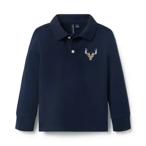 Boy Echo Blue Embroidered Deer Pique Polo by Janie and Jack