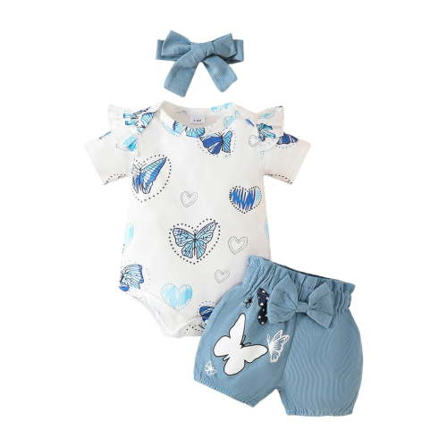 Zanarzt Baby Girl Romper Outfit Set Summer Baby Girl Clothes Summer Cute Outfits Romper Shorts Sets Sky Blue,9-12 Months
