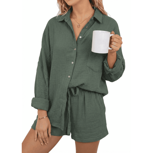 SOMER Womens 2 Piece Pajama Set Button Down Long Sleeve Shirt and Shorts Matching Cotton Lounge Set Soft Loungewear Spring Summer 2026