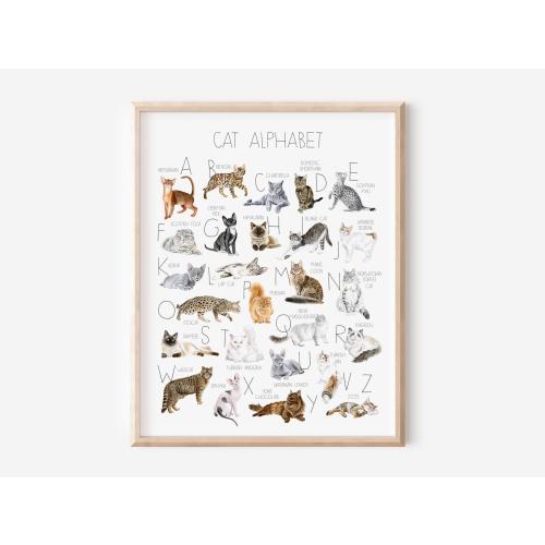 Cat Breeds Alphabet, Cat Nursery Decor, Watercolor Cat Print, Kitten Art for Kids, Cat Lover Gift