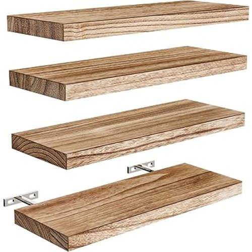 AMADA HOMEFURNISHING Floating Shelves, Paulownia Wood Wall Shelves for Living Room/Bedroom/Kitchen/Home Office, Wood Floating Shelf for Home Storage & Organization Set of 4 15.75" L x 5.91" W x 0.98"H