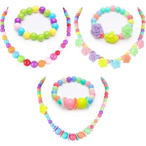 BigOtters Toddler Necklace Bracelet, 3 Sets Kids Jewelry for Girls Colorful Beads, Costume Dress up Jewelry Gifts Princess Party Favors