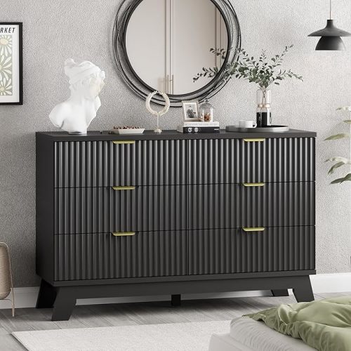 Fluted Dresser for Bedroom with 6 Drawers, 48" Wide Wooden Chest of Drawers with Metal Handle, Modern Dresser TV Stand, Wood Closet Clothes Storage Organizer for Living Room, Hallway, Black