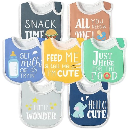 7Pcs Cotton Waterproof Baby Bibs Hook Loop Closure Newborn Bib Keepsake Baby Gift for Drooling Feeding Eating