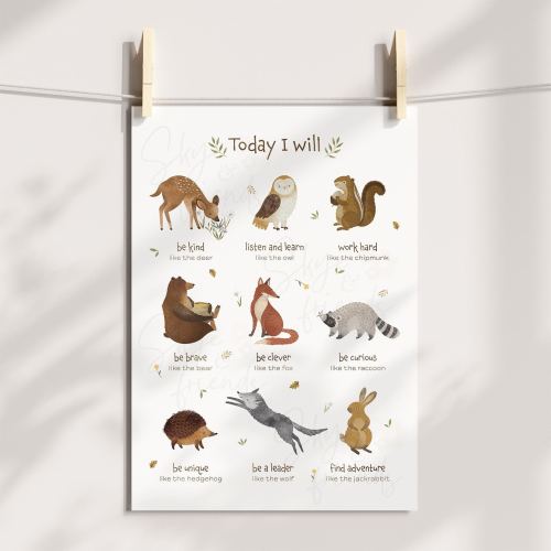 Woodland Themed Positive Affirmations Nursery Print, Kids Affirmative Daily Reminder Wall Art