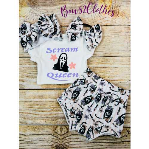 Scream Floral / Horror / Bummies Set/ Baby Girl High Waisted Bummies/ Bodysuit ,Bummy and Headwrap Bow Set