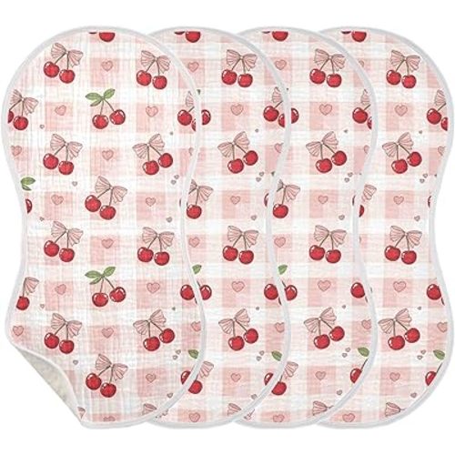 4 Pack Muslin Burp Cloths Bow Cherry Pink Cotton Baby Burp Cloths Extra Absorbent and Soft Thick Burping Cloth for Baby Boys Girls 22x11 Inch