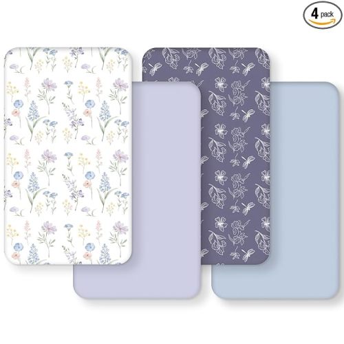 Crib Sheets Girl, Toddler Bed Sheets Fitted for 52”x28”Standard Crib and Toddler Mattresses, 4 Pack Soft Breathable Stretchy Blue Purple Flower