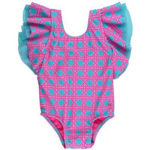 RuffleButts Girls UPF50+ Butterfly One Piece Swimsuit - Neon Sorbet Cane, 3-6m