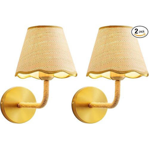 Battery Operated Rattan Wall Sconces Set of Tow, Wireless Rechargeable Battery Powered Wall Light with Grass-Woven Lampshade for Bedroom Living Room Hallway Porch(E26 Bulb Included)
