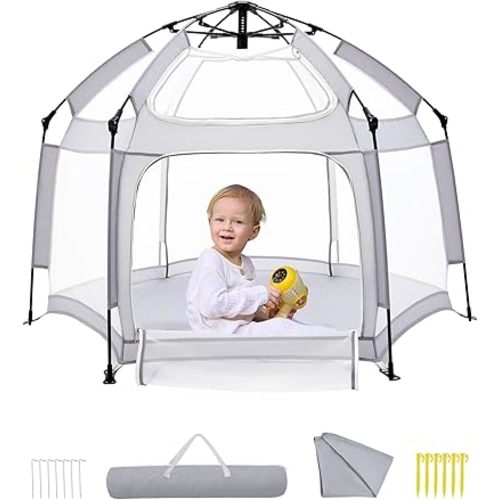 Babelio Playpen for Babies and Toddlers, Travel Playpen for Babies, Portable Pop Up Play Yard W/Canopy, Indoor and Outdoor, Sun Protection, One-Touch Storage- Light Grey