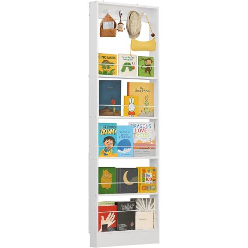 Behind The Door Bookshelf Kids,Wooden Behind Door Bookshelf, 5-Tier Bookcase Book Shelf Space-Saving Organizer Storage for Toys and Story Books Wall Mount Shelves with Hooks(White)