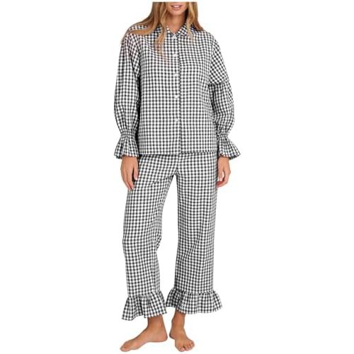 Kissonic Womens Plaid Pajamas Sets Cotton Long Sleeve Button Down Shirt Ruffle Pants 2 Piece Gingham Pj Set