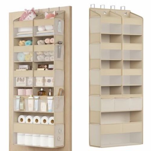 SONGMICS Over-the-Door Organizer, 9-Compartment Door Hanging Storage Shelf, Foldable Closet Hanging Organizer, Metal Hooks, Transparent, Summer Sand