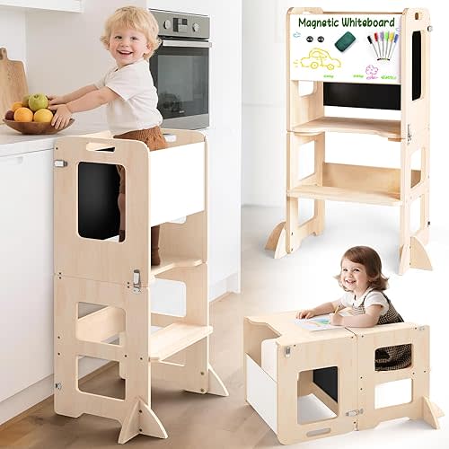 4-in-1 Toddler Kitchen Step Stool, Foldable Learning Standing Tower with Chalkboard and Whiteboard, Wooden Kitchen Stool Helper for Kids, 1-3 Year Old Boy Girl Gifts