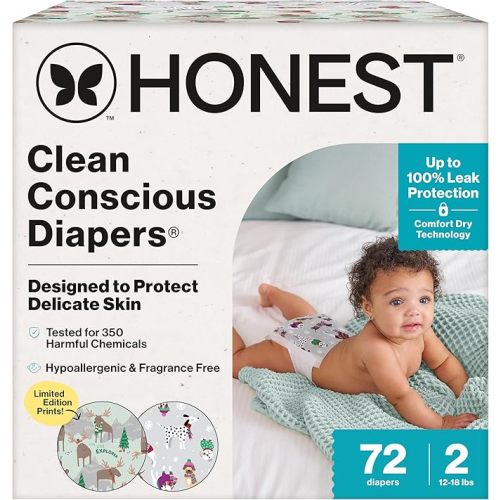 The Honest Company Comfort Dry Disposable Diapers for Sensitive Skin, Hypoallergenic, All The Alpacas + Turtle Time, Club Box Size 1 (8-14 lbs) 78 Count