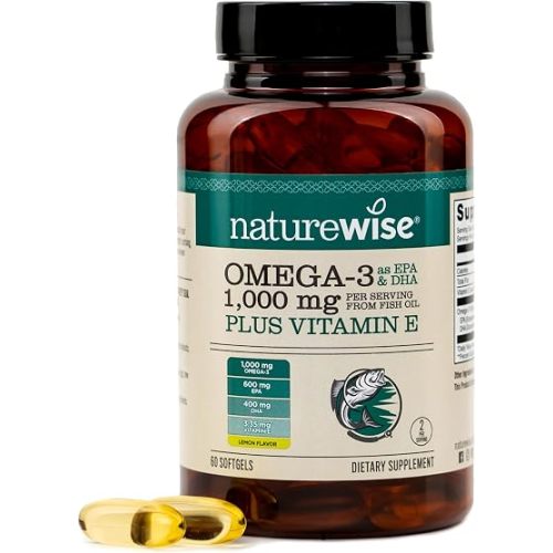 NatureWise Extra-Strength Omega 3 Fish Oil Supplement - 1000mg per Serving - 600 EPA & 400 DHA and Vitamin E - Sustainably Sourced Fish Oil - Lemon Flavor - 60 Softgels[1-Month Supply]