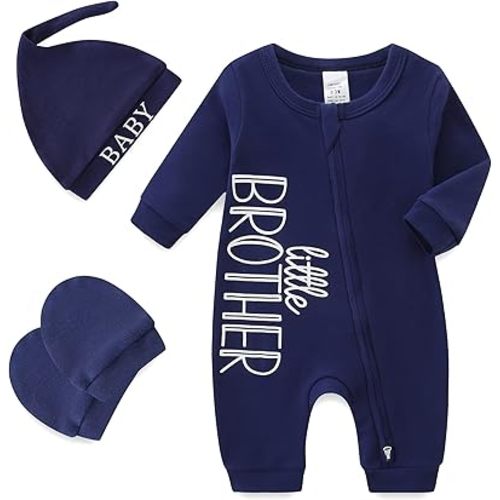 Babymine Baby Boy Clothes Little Brother Newborn Outfit 0-3 Months Coming Home Romper with Mittens and Hat