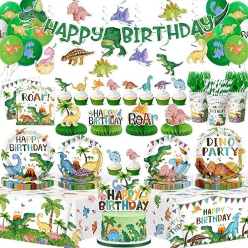 Dinosaur Birthday Decorations, 199Pcs Dinosaur Party Decorations Tableware Set Include Dinosaur Plates,Napkins,Cups,Balloon,Banner,Hanging Swirl,Cake Toppers,Tablecloth for Boy Dino Party Supplies