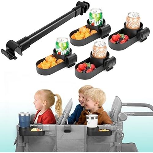 Forward-Facing Support Bar + 4-Pack Stroller Wagon Snack Tray with Spill-Proof Cup Holders - Wonderfold Accessories Compatible with WONDERFOLD W4 Elite/Luxe 4-Seater Wagons, Detachable & Easy Install