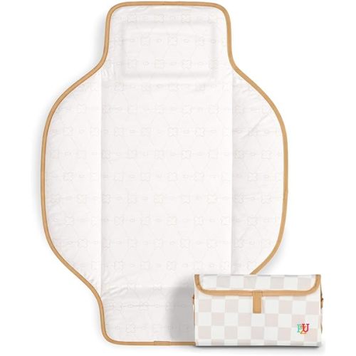 PZU Portable Diaper Changing Pad - Waterproof Travel Changing Mat with Built-in Pillow, Gifts for Baby Shower, Newborn Girls & Boys(Beige Checkers)