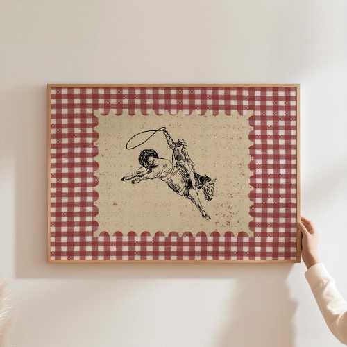 Vintage Gingham Rodeo Print Western Bedroom Print Cowboy Wall Art Rustic Mid Century Modern Decor Retro Print Red Fabric Digital Download