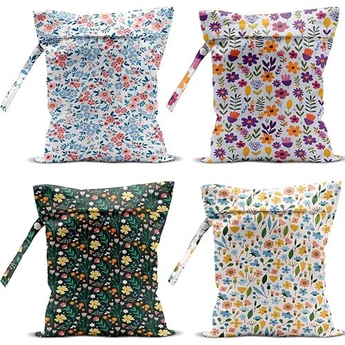4 Pack Cute Wet Bag Waterproof Washable Reusable Wet Dry Bag for Swimsuit Dirty Clothes Diaper Travel Beach Pool Gym Christmas Bachelorette Party Toiletries Essentials,Colorful Floral Wildflower