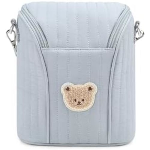 Lmbabter Embroidered Bear Stroller Organizer Tote Bag, Bottle Insulation Pouch, Portable Cooler Storage Essential for Milk/Breast Pump,Baby Travel Supplies (Blue)
