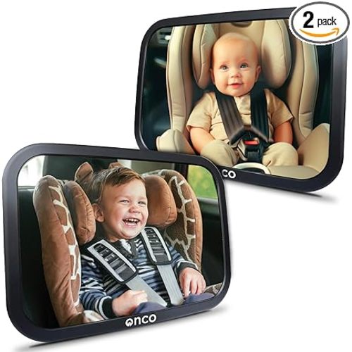 Onco Baby Car Mirror Rear Facing (2 Pack) - 100% Shatterproof & Shakeproof, Award-Winning Convex Car Mirror for Baby with 360° Rotation, Newborn Essentials (9.6 x 6.9 in)