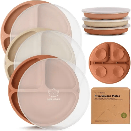 KeaBabies Suction Plates with Lids for Baby - 3-Pack 100% Silicone Toddler Plates with Suction, Divided, BPA-Free Baby Led Weaning Essentials for Kids, Dishwasher, Microwave Safe, Durable (Terracotta)
