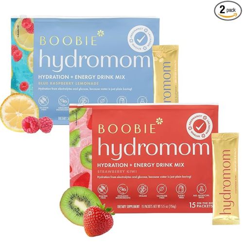 Boobie Hydromom Superfood Electrolyte Drink Mix, Strawberry Kiwi + Blue Raspberry Lemonade | Refreshing Energy, Hydration Boost | On-The-Go Travel Essential for Pregnancy, Lactation, & Beyond - 2 Pack