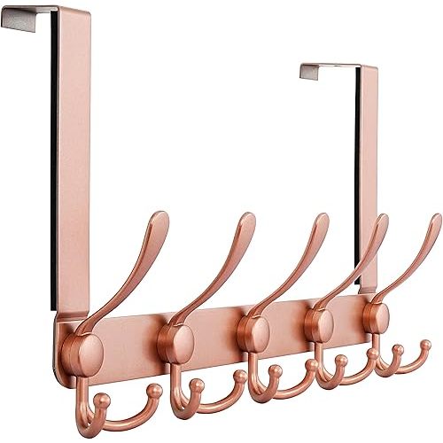 Dseap Over The Door Hook Hanger - 5 Tri Hooks, Heavy Duty Over The Door Towel Rack Coat Rack for Clothes Hat Towel, Rose Gold