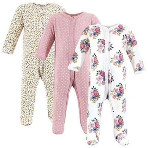 Hudson Baby Infant Girls Cotton Sleep and Play 3-Pack, Blush Navy Floral, 0-3 Months