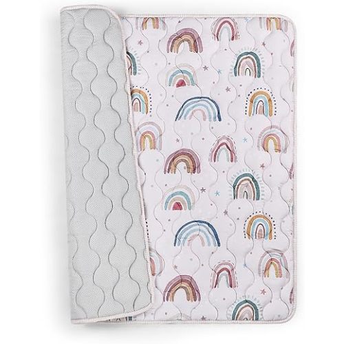 Baby Play Mat for Floor, 127x127 cm Playpen Padded Mat for Baby, Soft Infant Tummy Time Crawling Mat,Anti Slip, Pink Rainbow