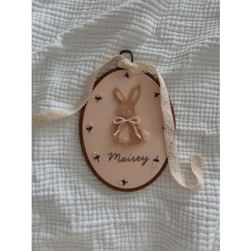 Custom Bunny Name Hoop – Handmade Needle Felt Bunny Wall Art – Nursery Decor – Personalized Baby Gift – Embroidered Floral Keepsake