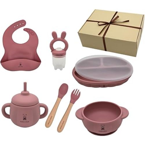 Smiles & Hugs Baby Feeding Set – Silicone Suction Bowl, Plate, Bib, Spoon, Fork & Fruit Feeder Pacifier – BPA-Free Baby Dinnerware Kit (Dark Pink)