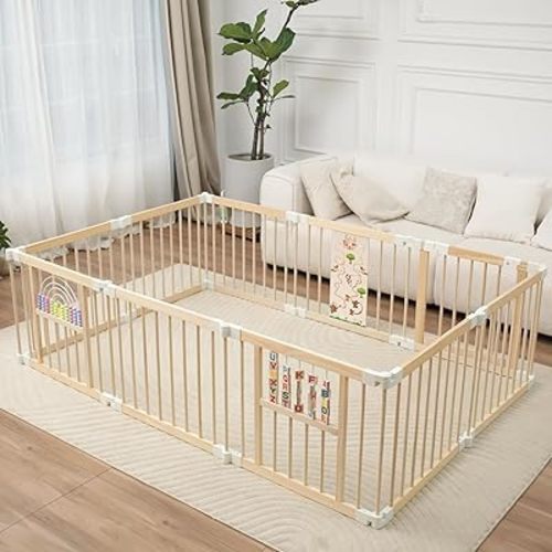 Foldable Wooden Baby Playpen Activity Center,Adjustable Size & Shape Portable Play Yard, Baby Fence Play Area with Gate for Indoor Use for Babies and Toddlers(84x56x24inches)