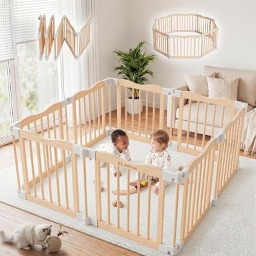 Wooden Baby Playpen, Natural Solid Wood Playpen, 45 x 45 x 24 inches