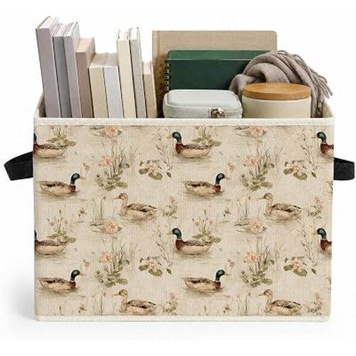 Rustic Mallard Duck Storage Bins Box, Farmhouse Countryside Botanical Duck Collapsible Storage Basket Clothes Toys Books Organizer for Bedroom Laundry Room Home Cottage Decor