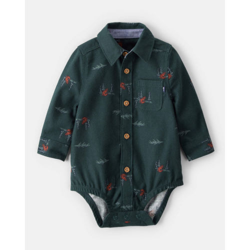 Baby Boy Woodland Fox Long-Sleeve Button-Down Bodysuit - Green - OshKosh B'gosh | Carter's