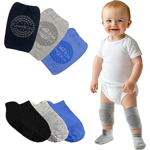 Simply Kids Anti-Slip Baby Knee Pads and Socks Set for Crawling and Walking (6 Pairs, 6-18 Months) Infant Toddler Boy Girl