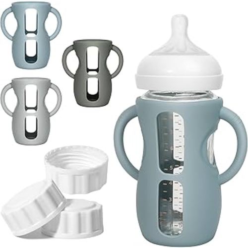 3 Pack Silicone Sleeves for Philips Avent Natural Glass Bottle Food Grade Anti Breakage Baby Bottle Holder with Handles and 3pcs Travel Bottle Caps (Dark Blue+Dark Green+Grey, 8oz)