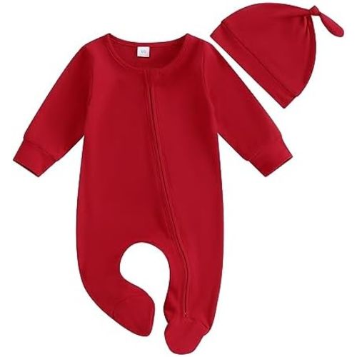 Newborn Baby Girl Boy Clothes Infant Long Sleeve Soild Footed Romper Zipper Footie Jumpsuit With Hat Fall Outfit